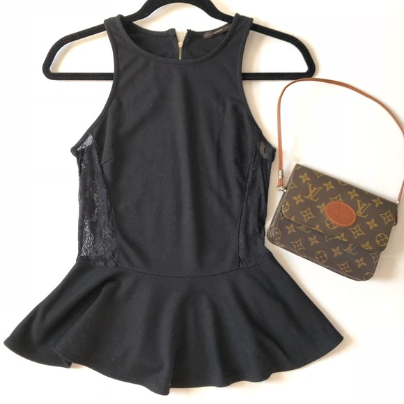 Soprano Sleeveless Black Peplum Shirt w/Lace Sides - Picture 1 of 7